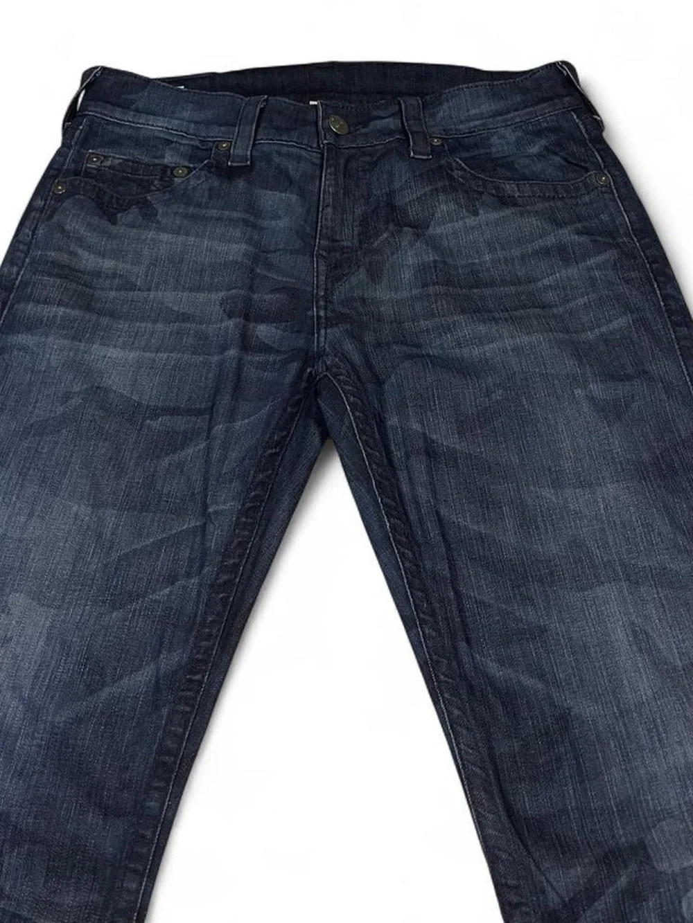 True Religion Bobby Camo Laser Straight Asum Camoflaged Blue Jeans W35 L35 Stack